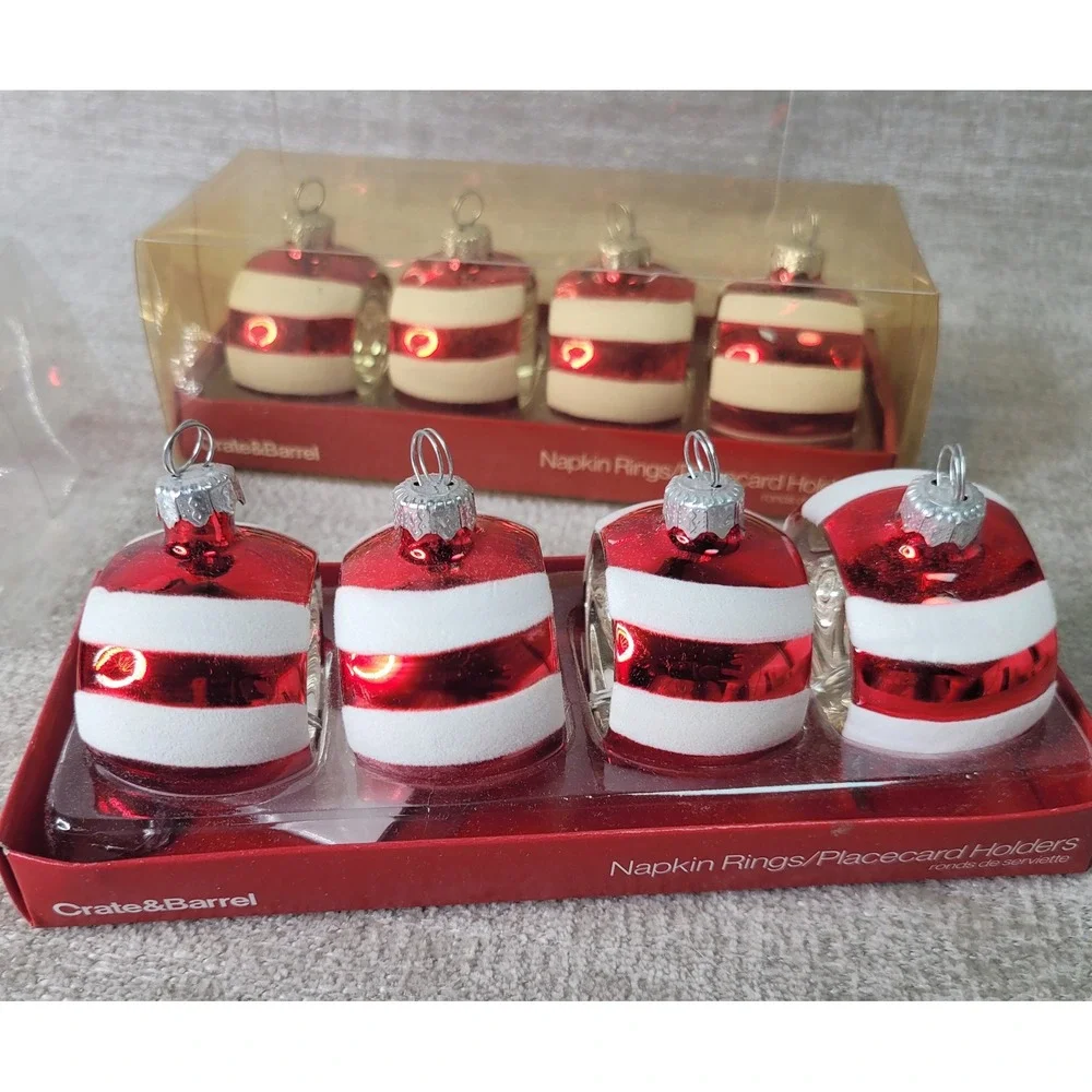 Crate & Barrel Christmas Ornament Napkin Rings Placecard Holders Red White 8 NEW